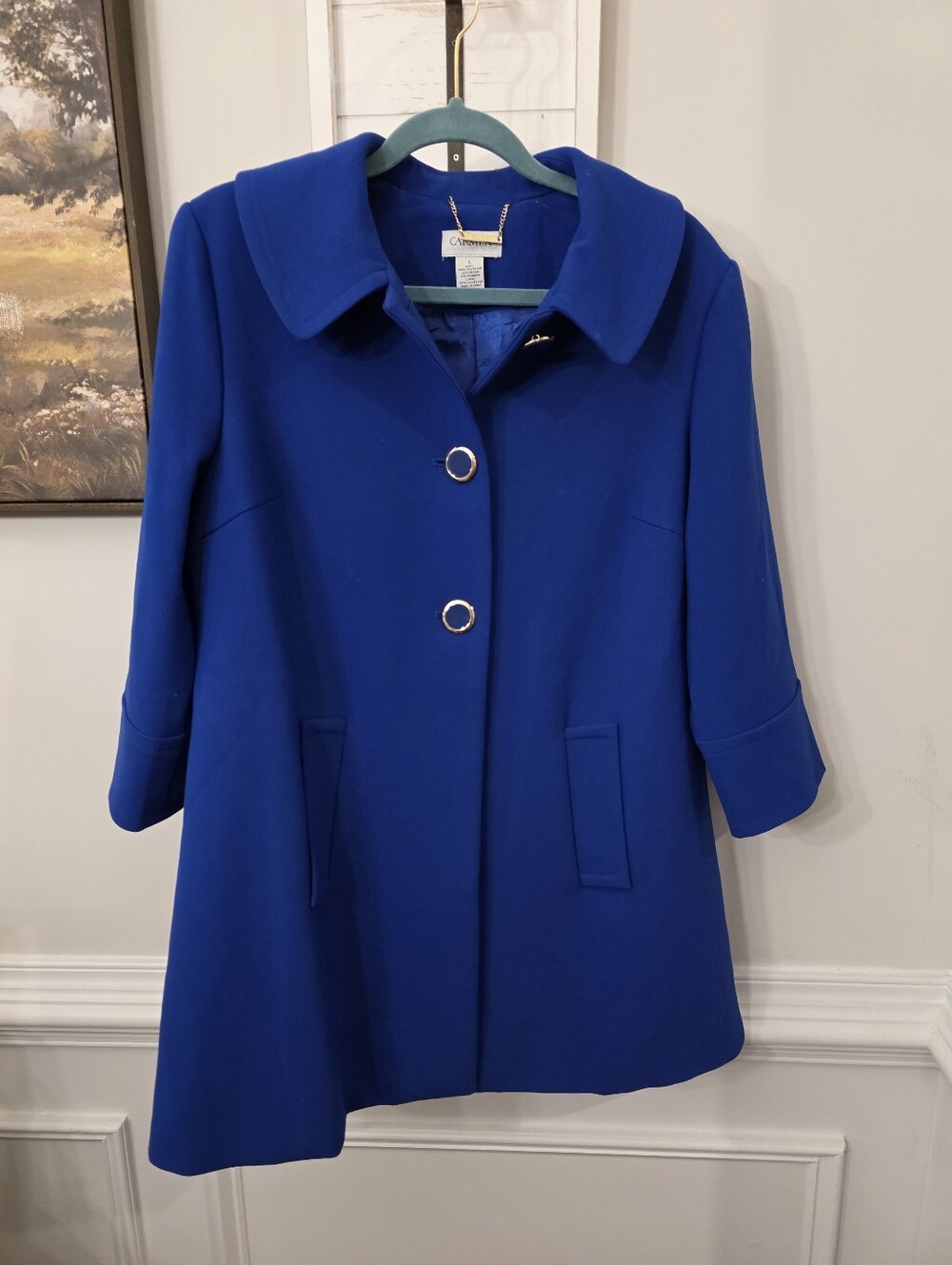 Carmen Marc Valvo Cobalt Blue 60s Style Mid Length Pea Coat Peter Pan Collar Lrg
